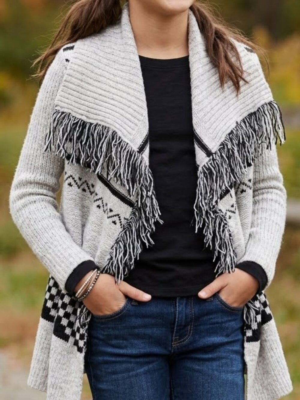 Abercrombie Kids Youth Girls Open-Front Aztek Cardigan Fringe Detailing Age 9-10